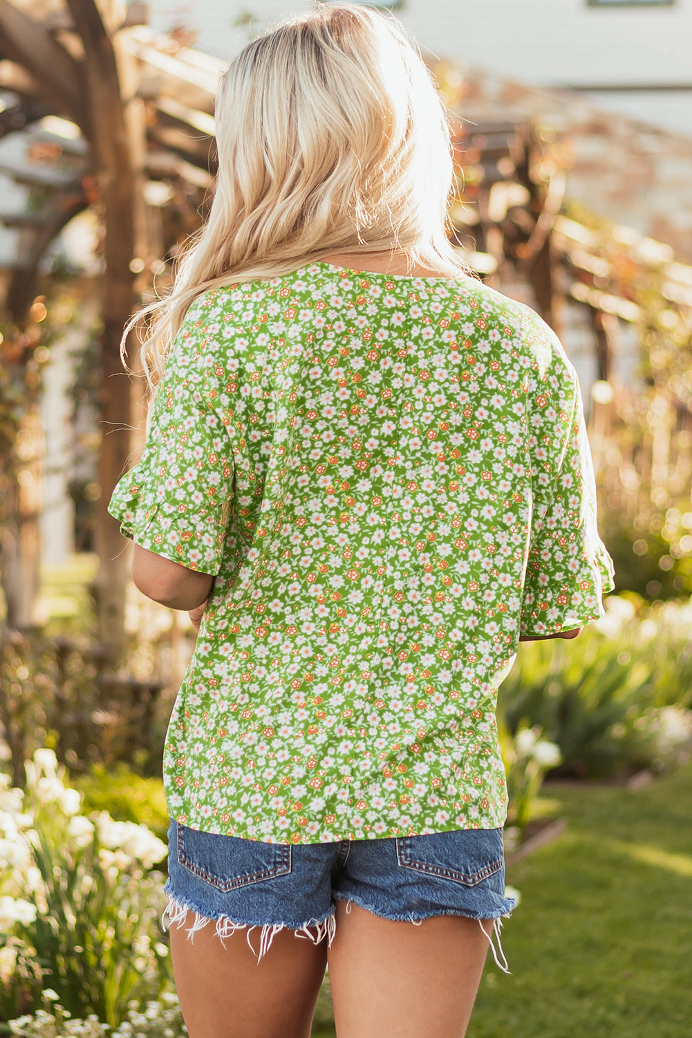 Yusra FloralRuffle Sleeve V Neck Blouse-1