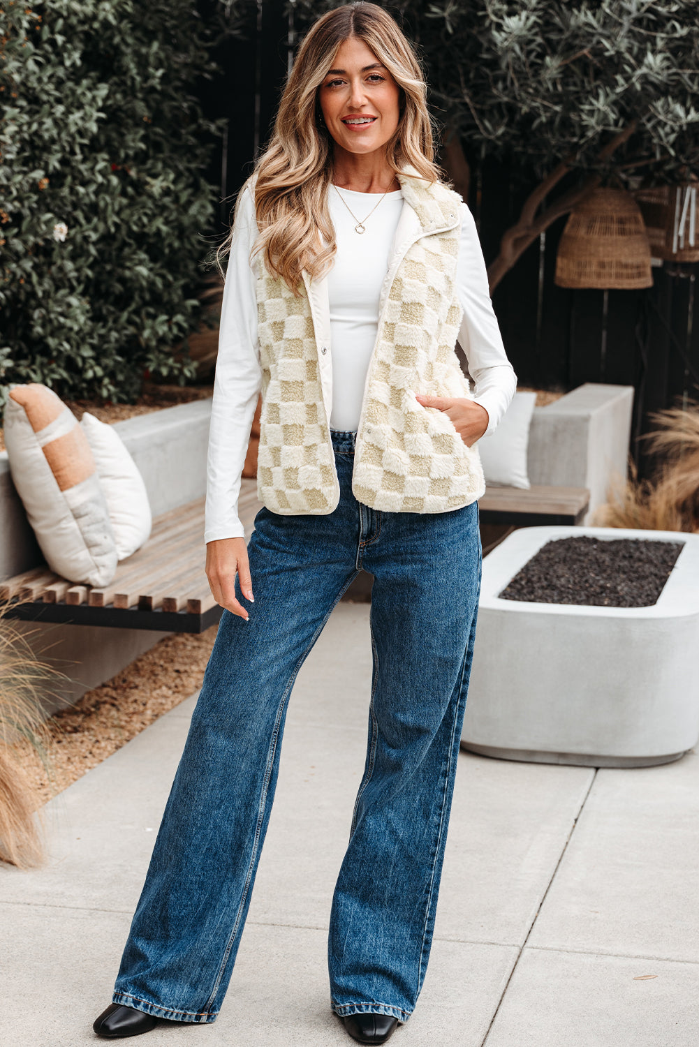 Stevie Sherpa Checkerboard Button Vest With Pocket-4