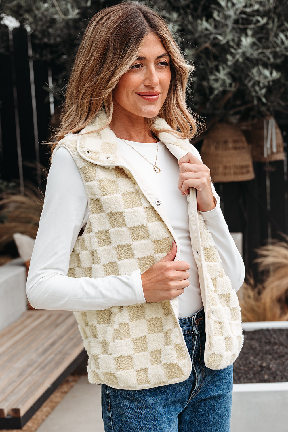 Stevie Sherpa Checkerboard Button Vest With Pocket-2