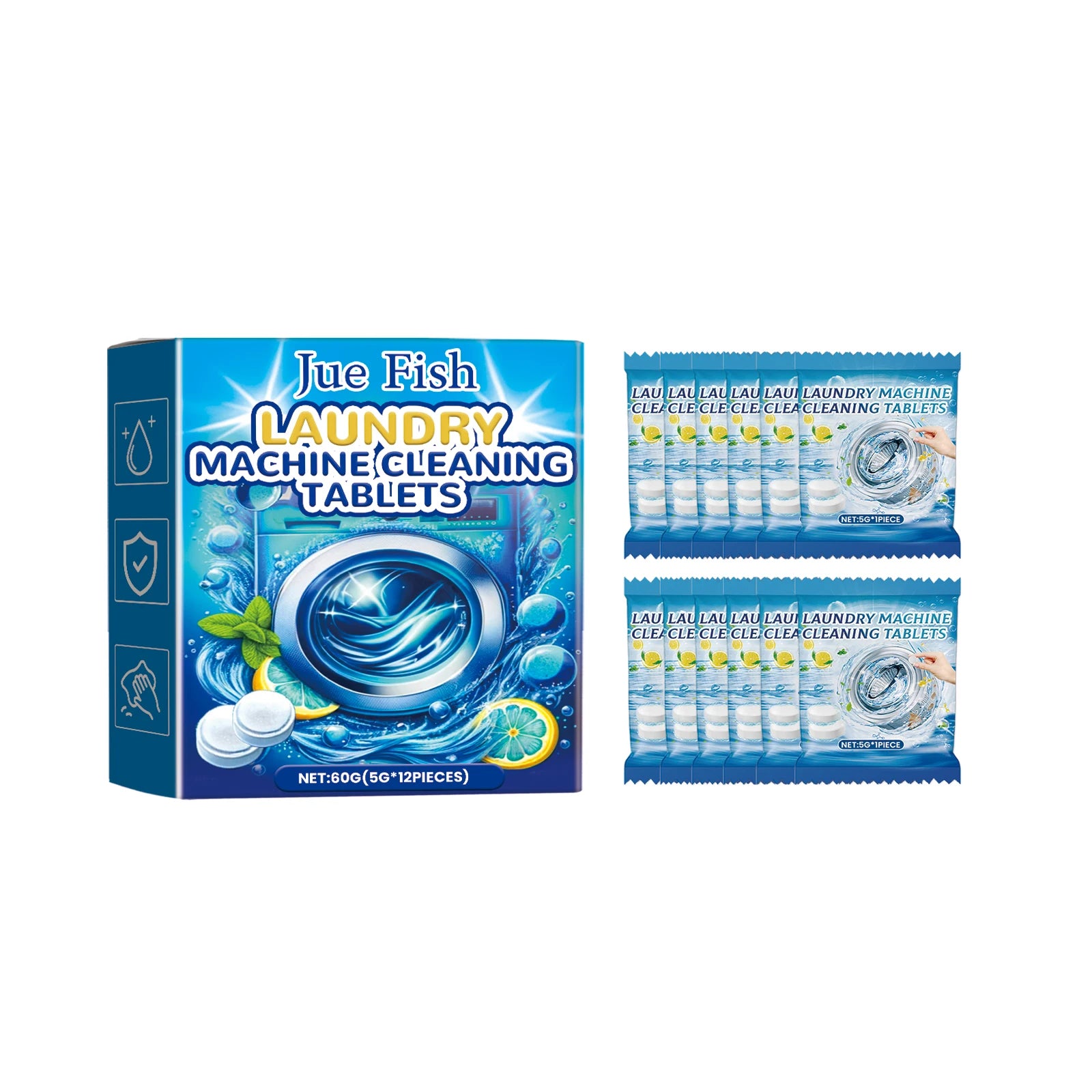 Jue-fish Laundry Machine Effervescent Tablets Descaling Cleaning Tank Stains Powerful Dirt Removal Washing Machine Cleaner Sheet