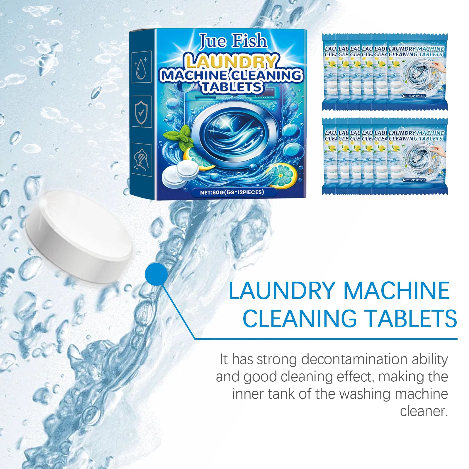Jue-fish Laundry Machine Effervescent Tablets Descaling Cleaning Tank Stains Powerful Dirt Removal Washing Machine Cleaner Sheet