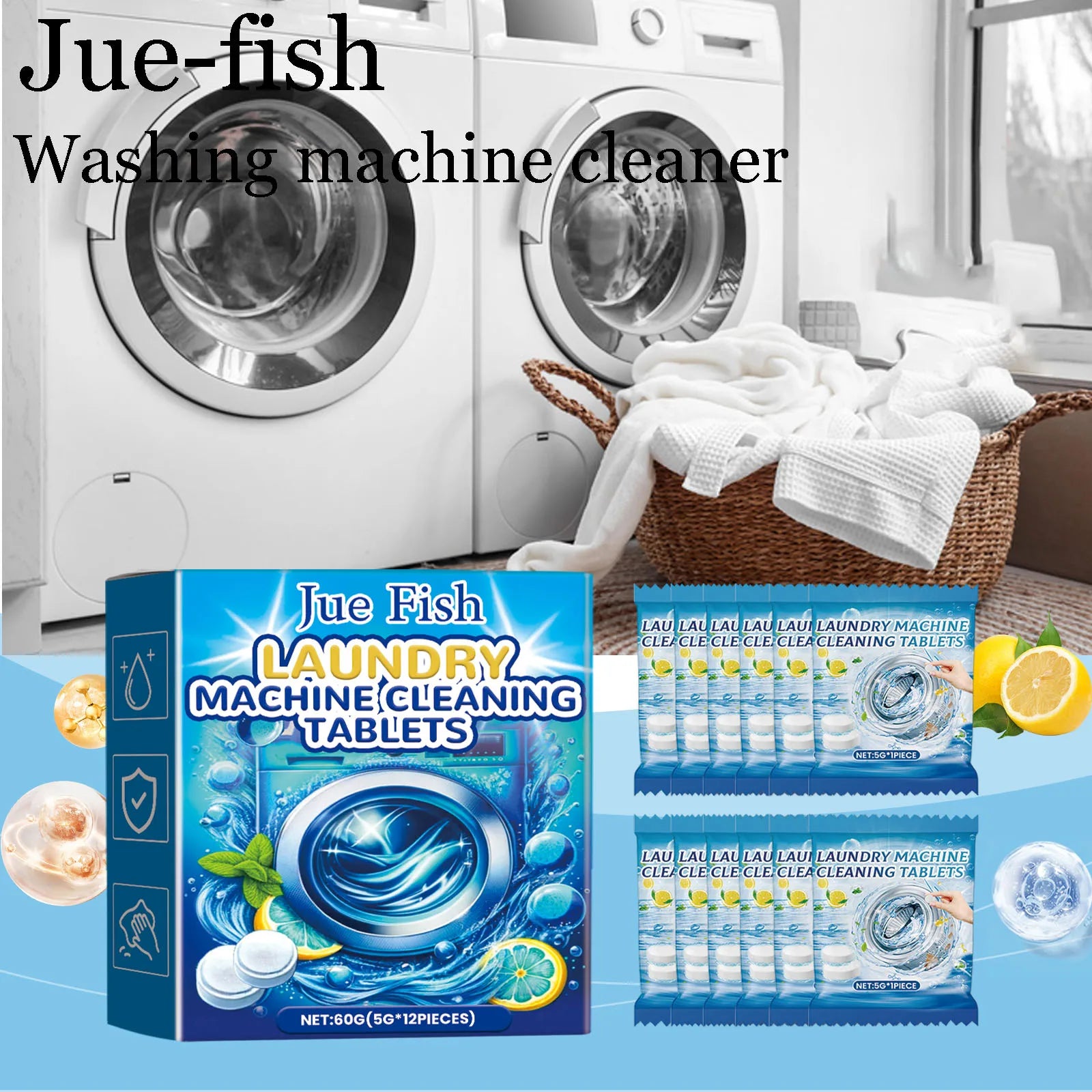 Jue-fish Laundry Machine Effervescent Tablets Descaling Cleaning Tank Stains Powerful Dirt Removal Washing Machine Cleaner Sheet