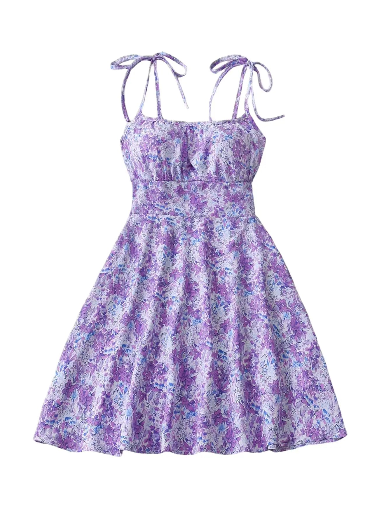 Women's Tie Shoulder Floral Print Mini Dress, A-Line Casual Summer Sundress