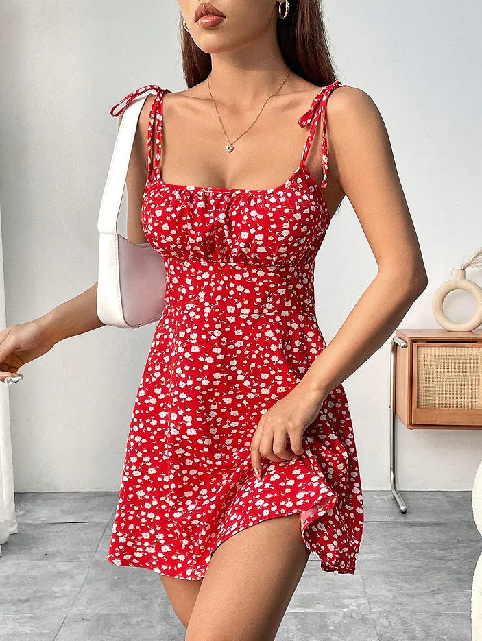 Women's Tie Shoulder Floral Print Mini Dress, A-Line Casual Summer Sundress