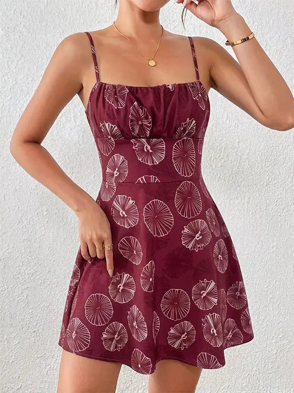 Women's Tie Shoulder Floral Print Mini Dress, A-Line Casual Summer Sundress