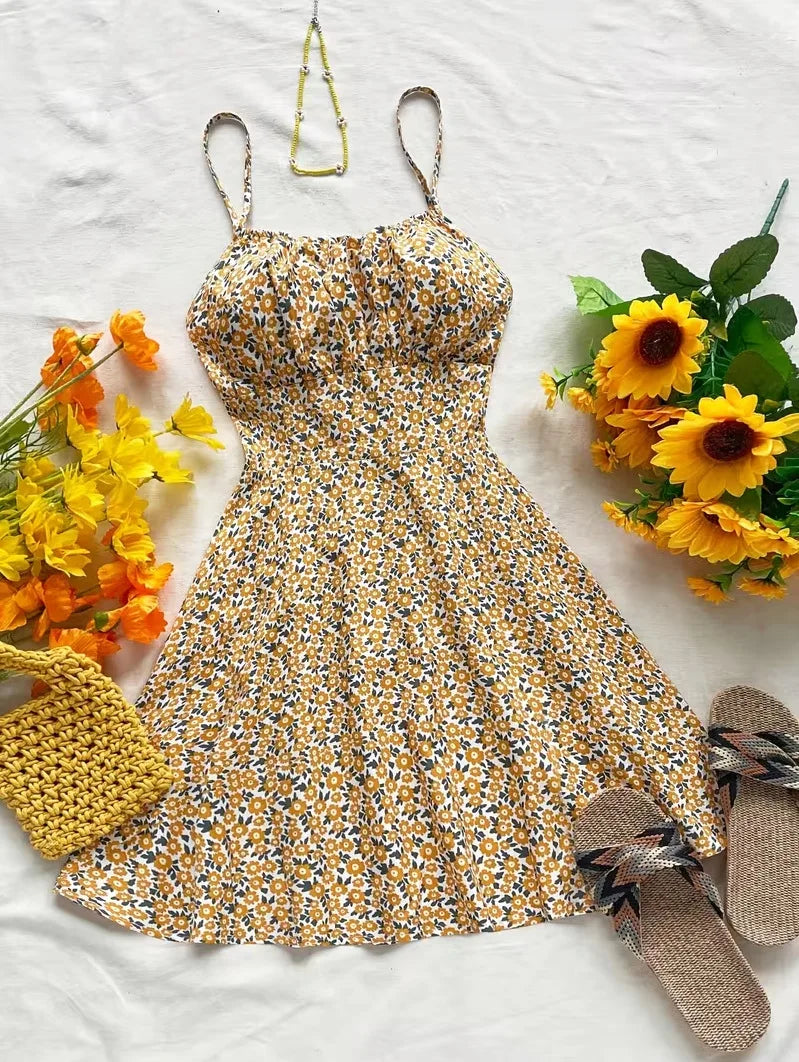 Women's Tie Shoulder Floral Print Mini Dress, A-Line Casual Summer Sundress