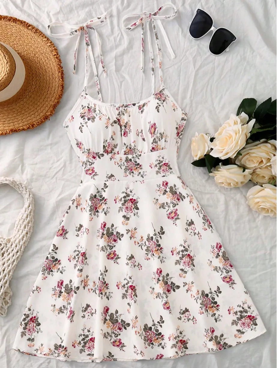 Women's Tie Shoulder Floral Print Mini Dress, A-Line Casual Summer Sundress