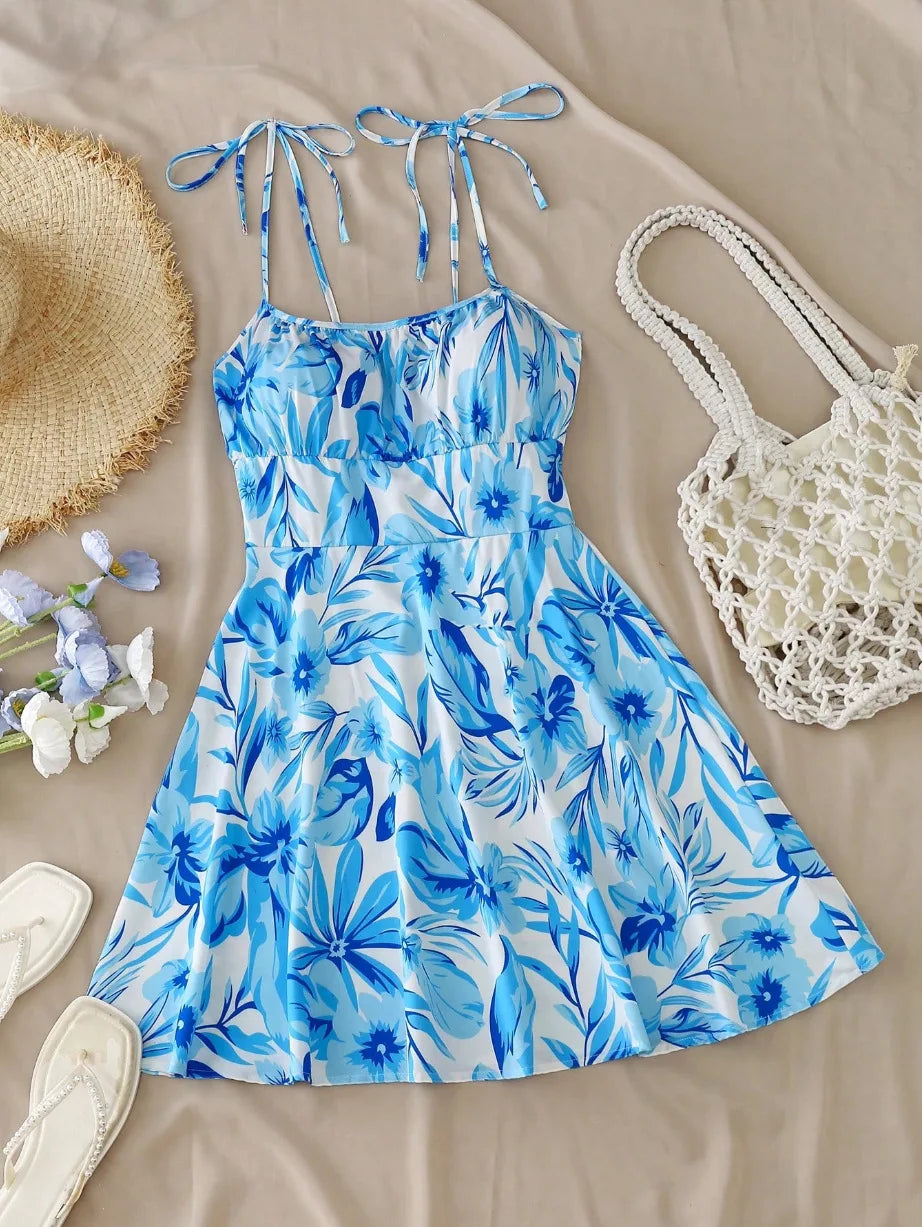 Women's Tie Shoulder Floral Print Mini Dress, A-Line Casual Summer Sundress