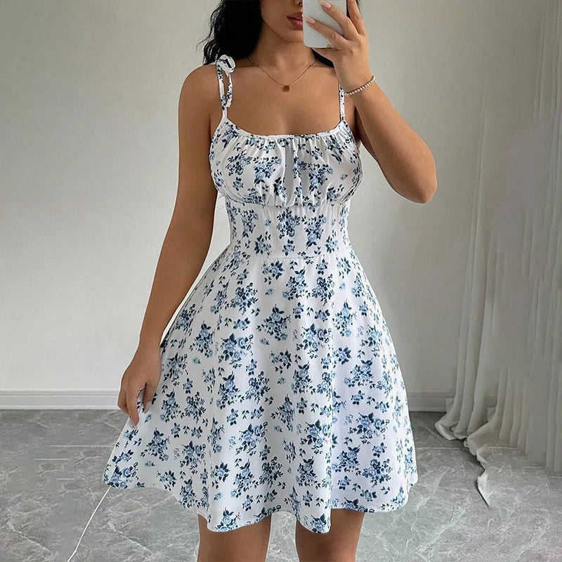 Women's Tie Shoulder Floral Print Mini Dress, A-Line Casual Summer Sundress