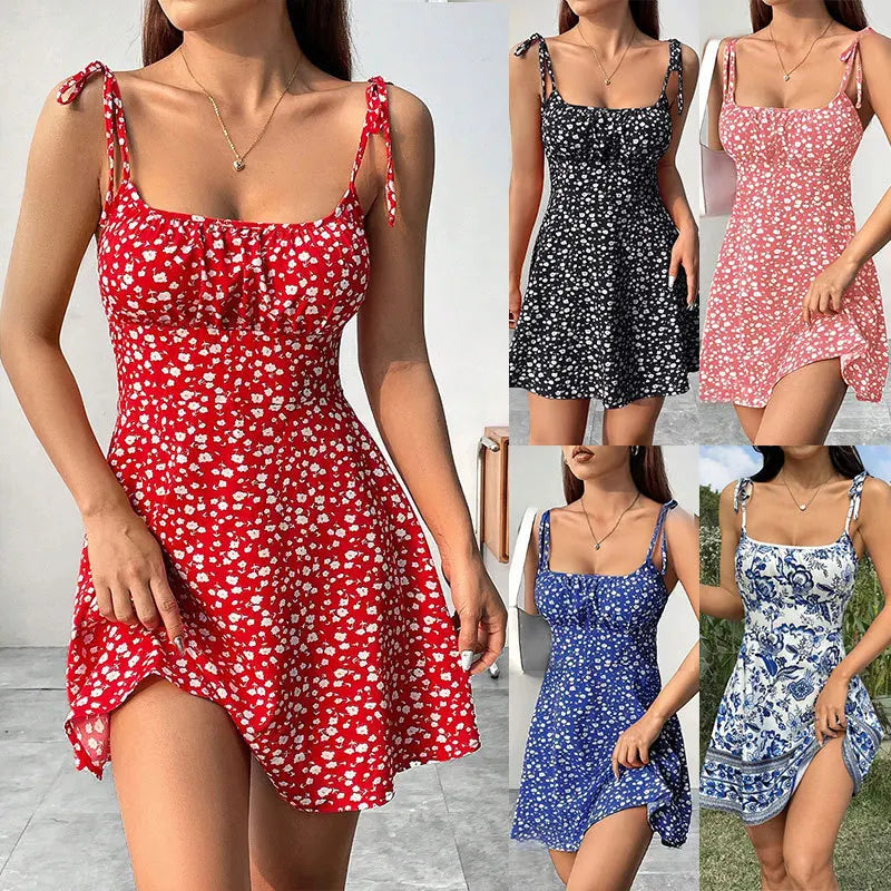 Women's Tie Shoulder Floral Print Mini Dress, A-Line Casual Summer Sundress