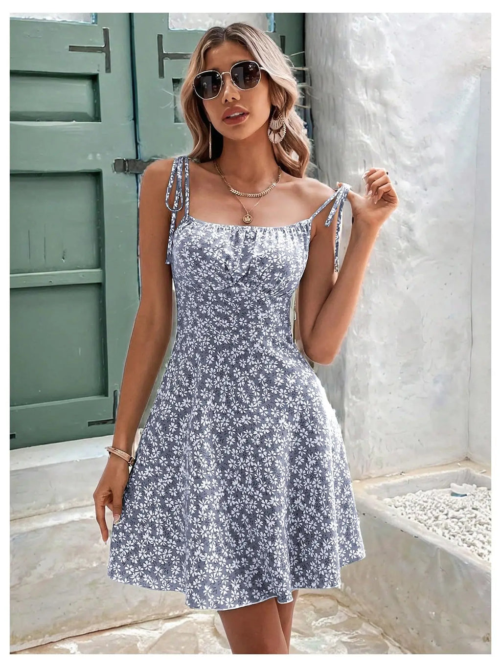 Women's Tie Shoulder Floral Print Mini Dress, A-Line Casual Summer Sundress