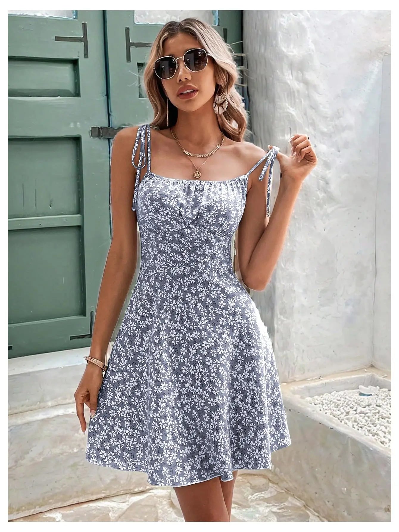 Women's Tie Shoulder Floral Print Mini Dress, A-Line Casual Summer Sundress