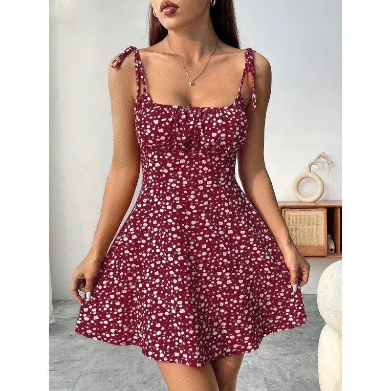 Women's Tie Shoulder Floral Print Mini Dress, A-Line Casual Summer Sundress