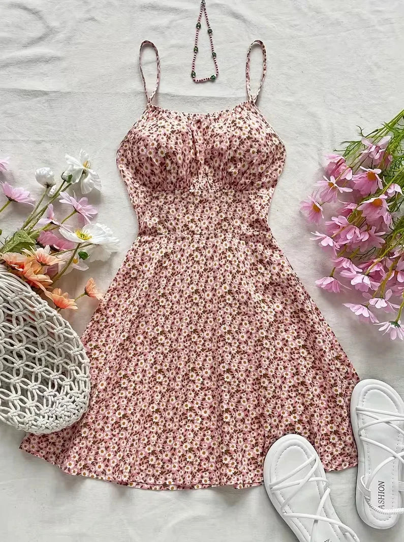 Women's Tie Shoulder Floral Print Mini Dress, A-Line Casual Summer Sundress