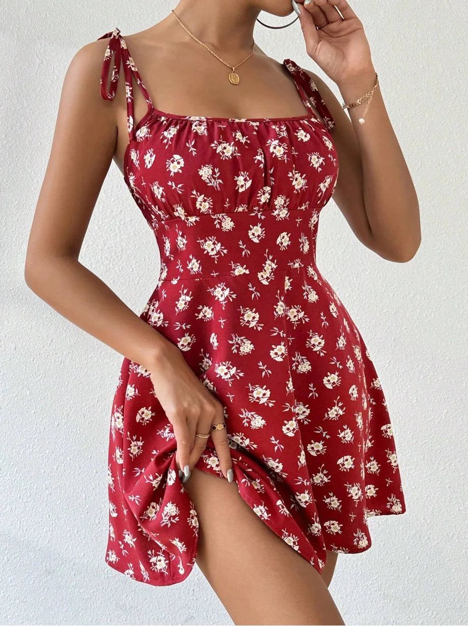 Women's Tie Shoulder Floral Print Mini Dress, A-Line Casual Summer Sundress