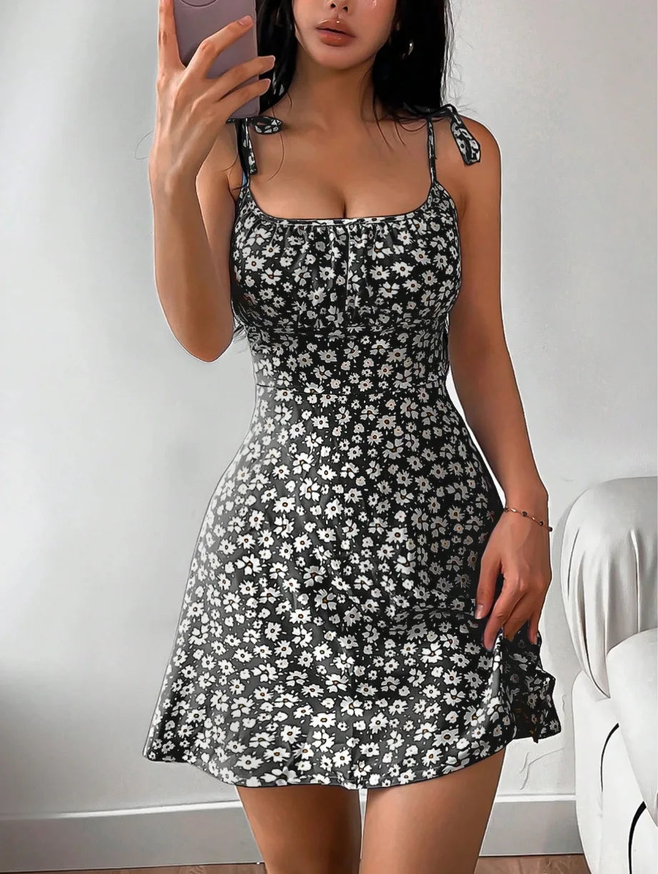 Women's Tie Shoulder Floral Print Mini Dress, A-Line Casual Summer Sundress