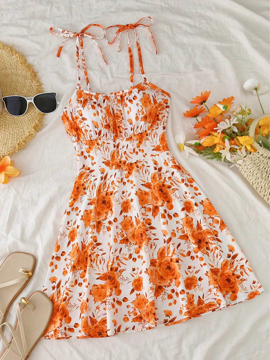 Women's Tie Shoulder Floral Print Mini Dress, A-Line Casual Summer Sundress
