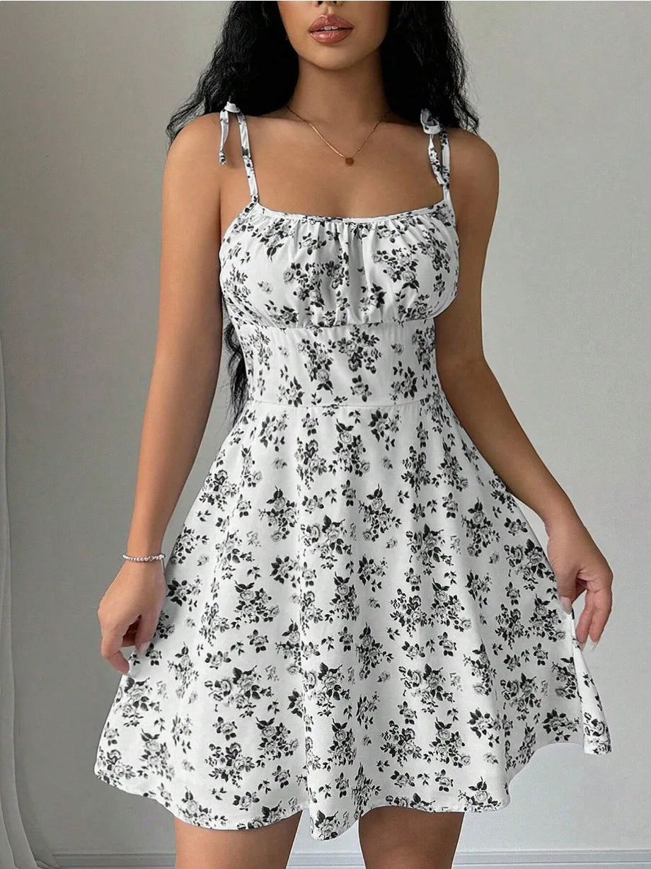 Women's Tie Shoulder Floral Print Mini Dress, A-Line Casual Summer Sundress