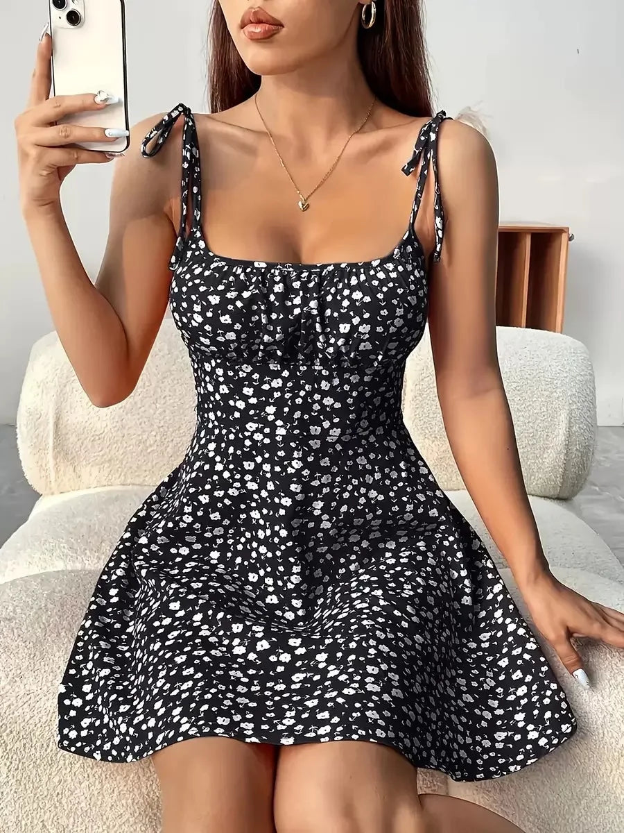 Women's Tie Shoulder Floral Print Mini Dress, A-Line Casual Summer Sundress
