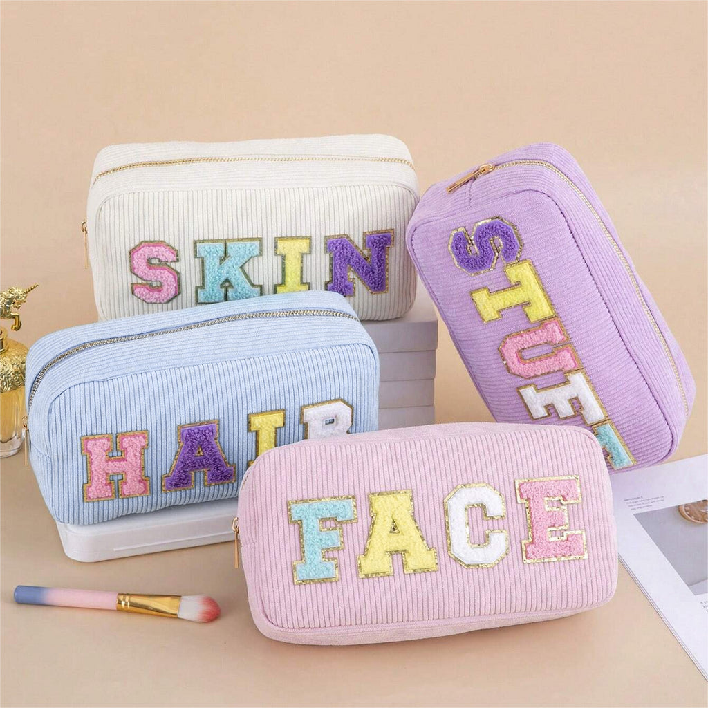 Amazon Corduroy Cosmetic Bag Cross Border Letter Embroidery Storage Bag Portable Toiletry Bag Large Capacity Cosmetic Bag