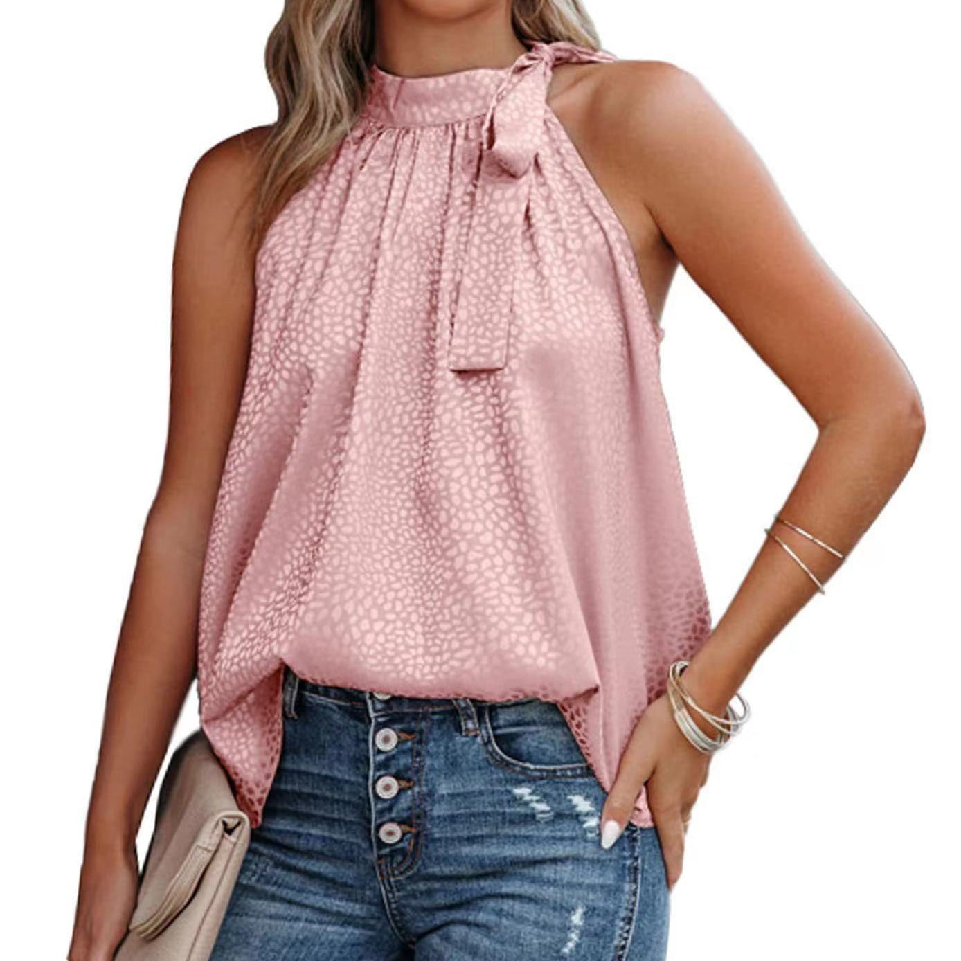 2026 Amazon Summer New Style Halter Neck Bow Leopard Print Satin Sleeveless Vest Top Wholesale