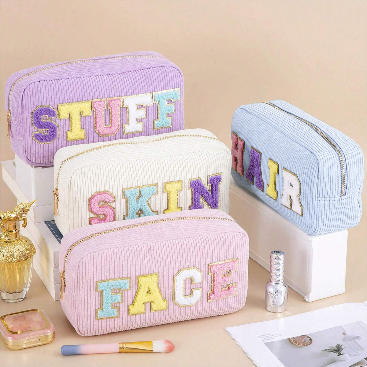 Amazon Corduroy Cosmetic Bag Cross Border Letter Embroidery Storage Bag Portable Toiletry Bag Large Capacity Cosmetic Bag