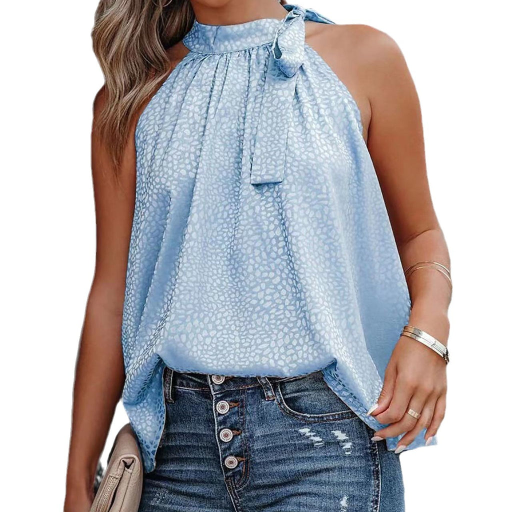 2026 Amazon Summer New Style Halter Neck Bow Leopard Print Satin Sleeveless Vest Top Wholesale
