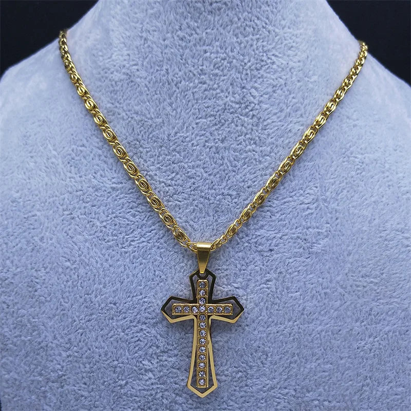 Catholic Cross Amulet Crystal Pendant Men Chain Necklace Gold Color Stainless Steel Necklaces Jewelry colar masculino N4930S02