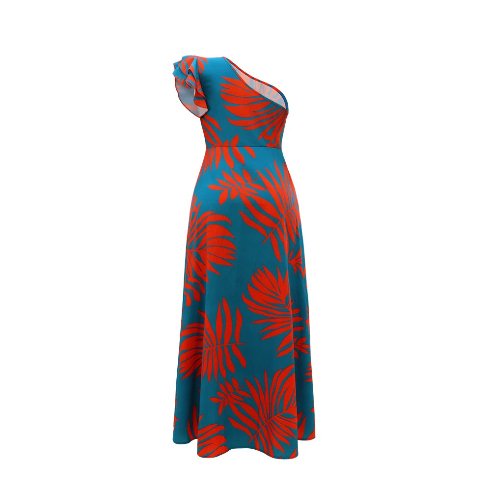 One Shoulder Tropical Print Maxi Dress for Women Split Hem Elegant Casual Style Woven Spring/Summer/Fall Vestido