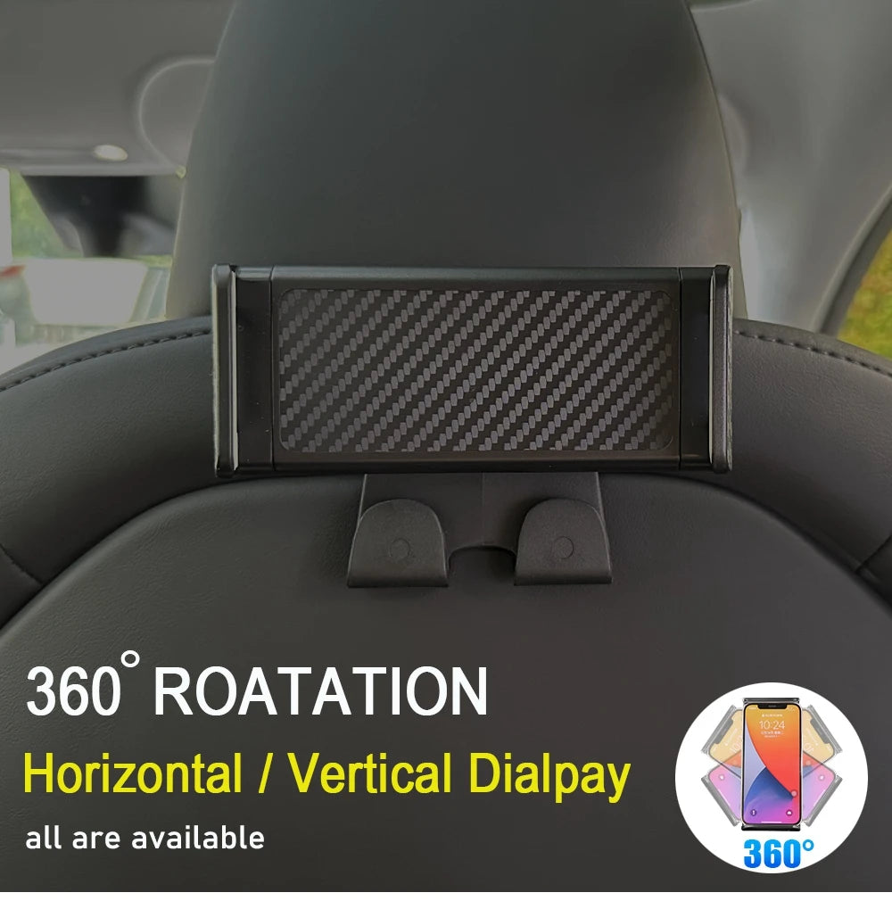 For Tesla Model 3 Y Juniper Back Seat Phone Holder with 2 hooks 360° Rotate Stand Auto Headrest Bracket For Tablet PC iPad Mini