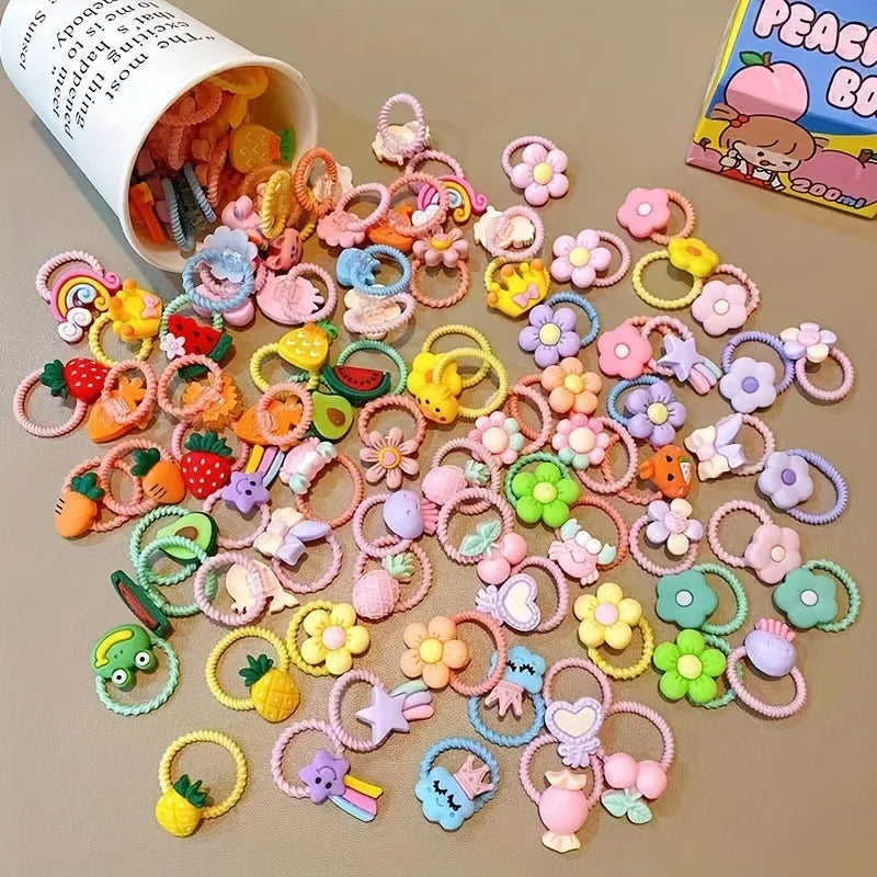 30pcs girls high elastic hair band does not hurt hair, cartoon animal flowers and fruit decorative hair band, decorative hair se