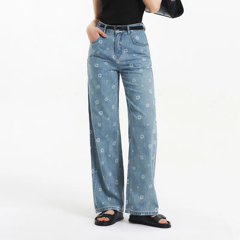 Semir All Over Print Denim Pants Women Sweet Niche 2025 Summer New Cotton Wide Leg Trousers