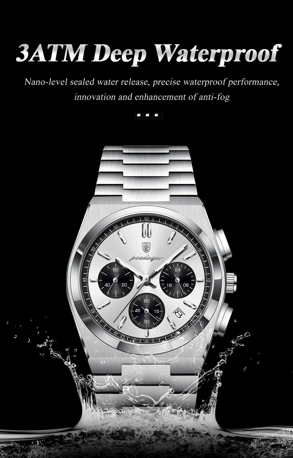 POEDAGAR Top Business Men's Watch Chronograph Date Stainless Steel Classic Man Clock Waterproof Luminous Quartz Watches For Men