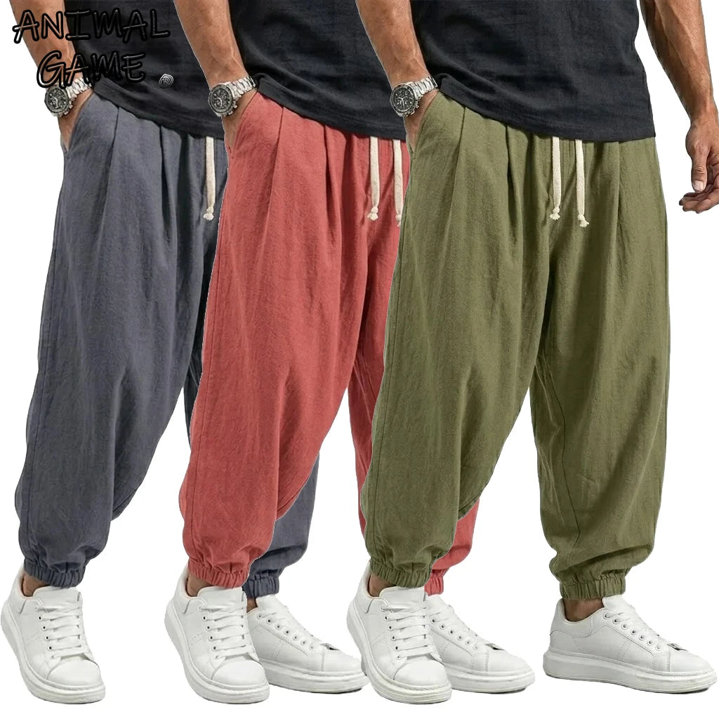 Korean Linen Cotton Pants Men's Gym Man Trousers Casual Work Pants Man Spring Harem Pants Autumn Drawstring Loose Streetwear Man