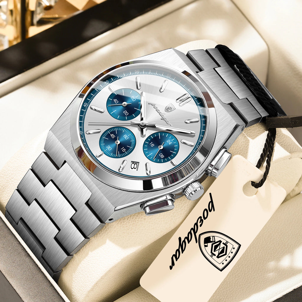 POEDAGAR Top Business Men's Watch Chronograph Date Stainless Steel Classic Man Clock Waterproof Luminous Quartz Watches For Men