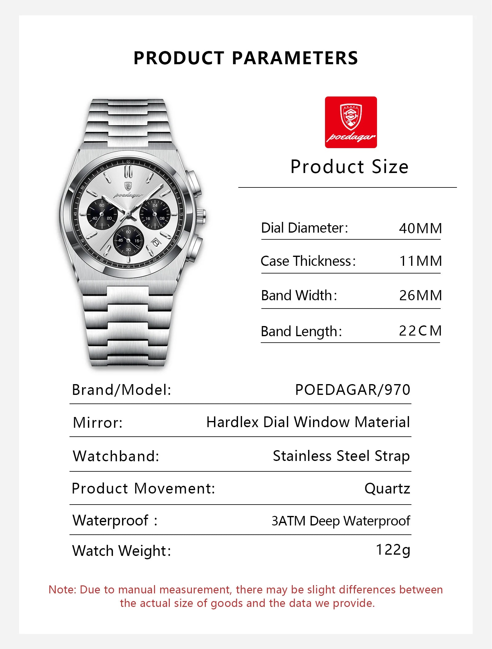 POEDAGAR Top Business Men's Watch Chronograph Date Stainless Steel Classic Man Clock Waterproof Luminous Quartz Watches For Men