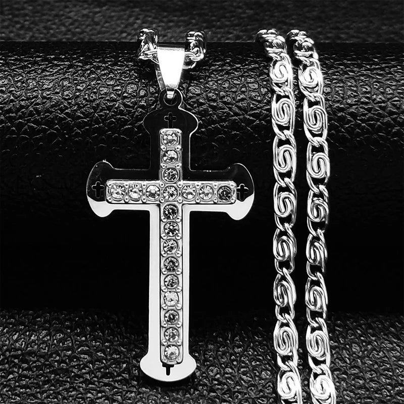 Catholic Cross Amulet Crystal Pendant Men Chain Necklace Gold Color Stainless Steel Necklaces Jewelry colar masculino N4930S02