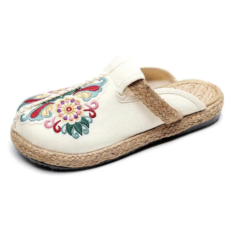 Johnature Women Slippers Summer 2026 New Slides Embroider Flat With Women Shoes Retro Flower Handmade Concise Ladies Slippers