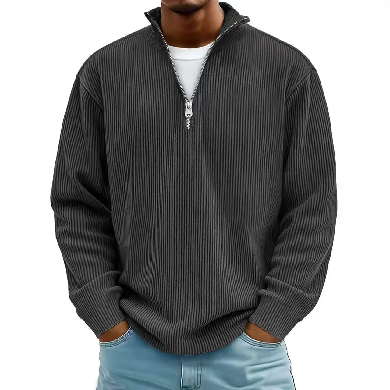New Corduroy Sweatshirts for Men Autumn Solid Long Sleeve Clothing Men's Casual Loose Zipper Polo Collar Tees Tops Man Outwear