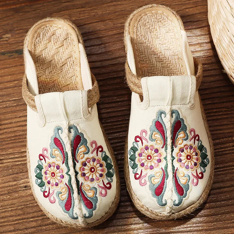 Johnature Women Slippers Summer 2026 New Slides Embroider Flat With Women Shoes Retro Flower Handmade Concise Ladies Slippers