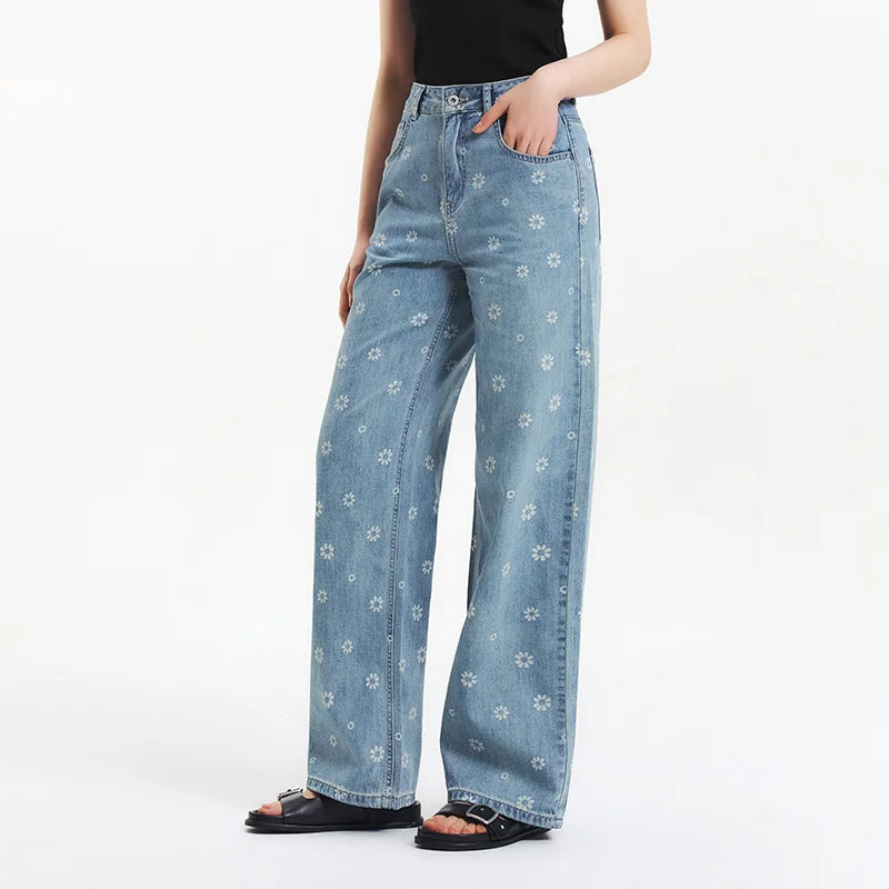 Semir All Over Print Denim Pants Women Sweet Niche 2025 Summer New Cotton Wide Leg Trousers