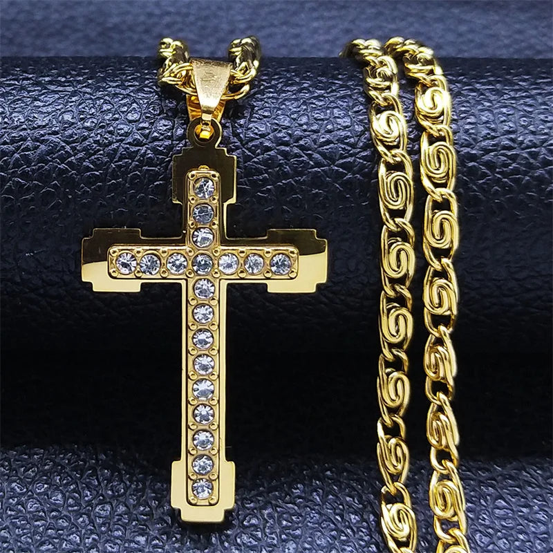 Catholic Cross Amulet Crystal Pendant Men Chain Necklace Gold Color Stainless Steel Necklaces Jewelry colar masculino N4930S02