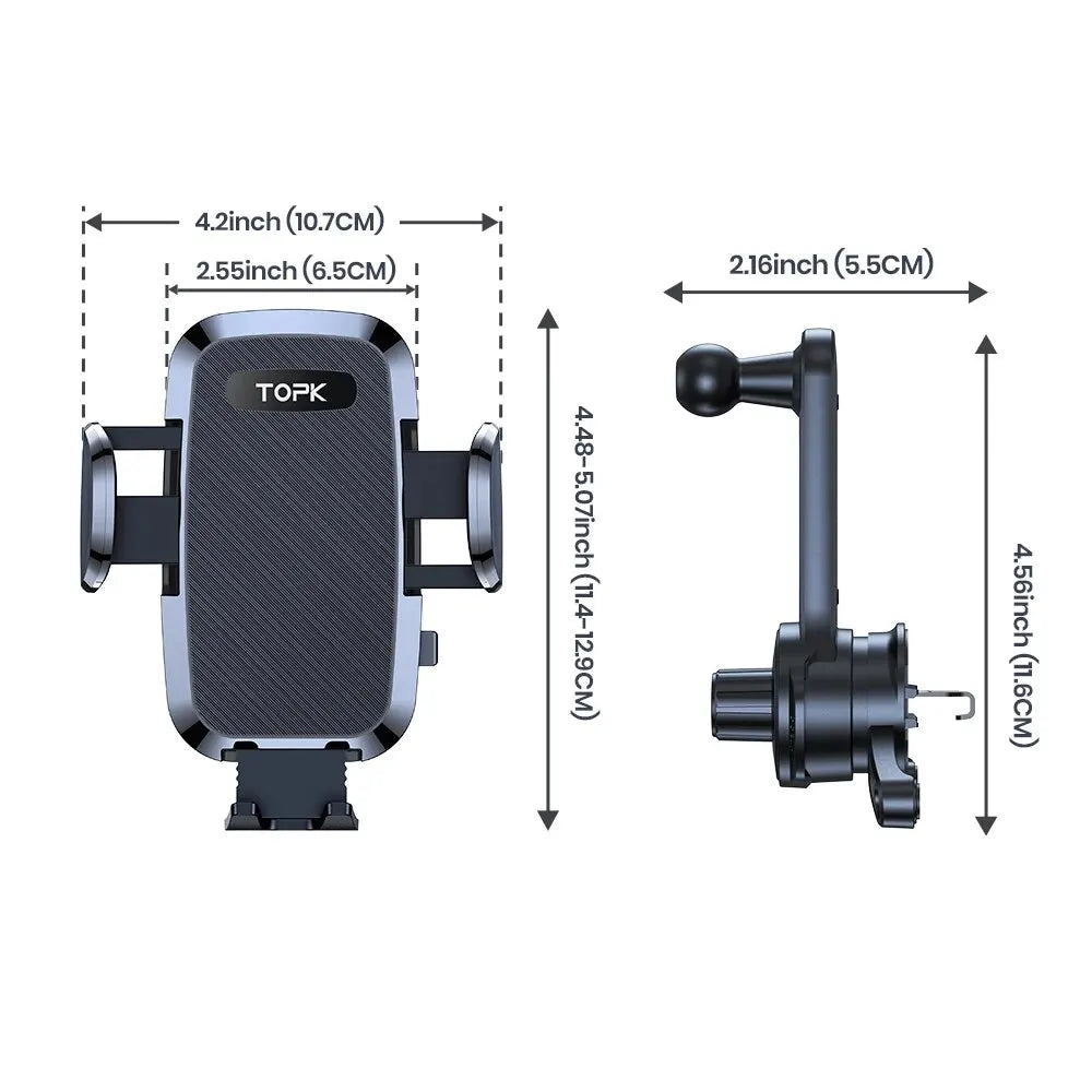 TOPK Car Phone Mount Holder, 3-Point Support 360° Rotating Extended Arm Metal Hook Superior Stability Phone Holder for Car Cars