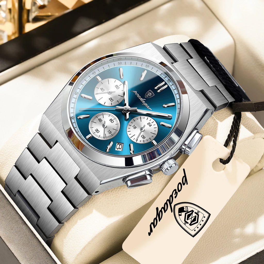 POEDAGAR Top Business Men's Watch Chronograph Date Stainless Steel Classic Man Clock Waterproof Luminous Quartz Watches For Men