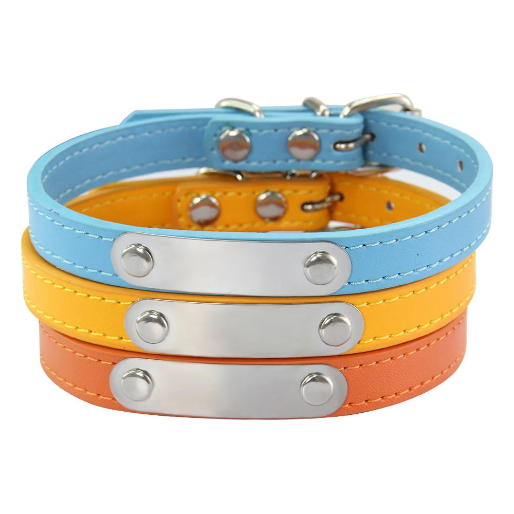 Personalized Dog Collar Name Carved 16 Colors Solid PU Leather Collar For Small Medium Large Dogs Puppy Cat Accessories Red Pink