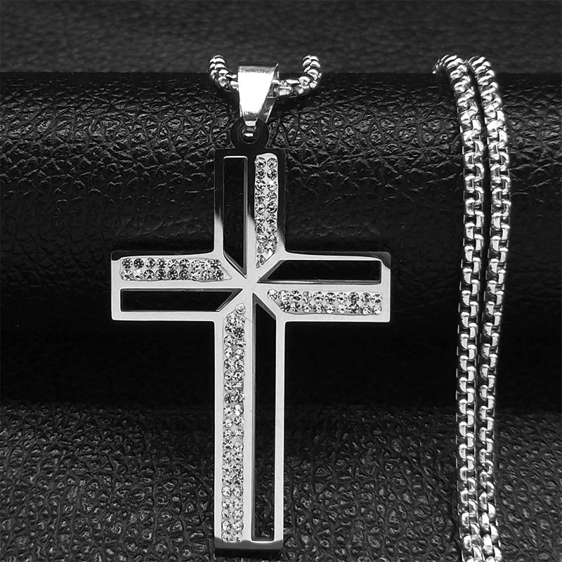 Catholic Cross Amulet Crystal Pendant Men Chain Necklace Gold Color Stainless Steel Necklaces Jewelry colar masculino N4930S02