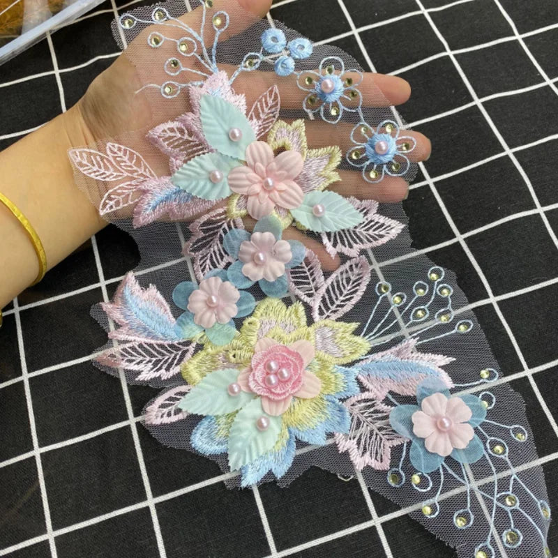 1Pc Beaded Pink Flower Embroidery Lace Accessories Wedding Dress Decoration Patch Flowers Handmade DIY Repair 28*18CM
