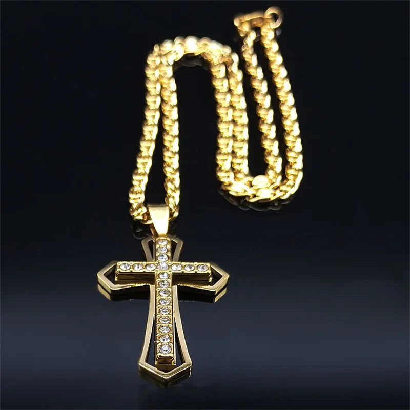 Catholic Cross Amulet Crystal Pendant Men Chain Necklace Gold Color Stainless Steel Necklaces Jewelry colar masculino N4930S02