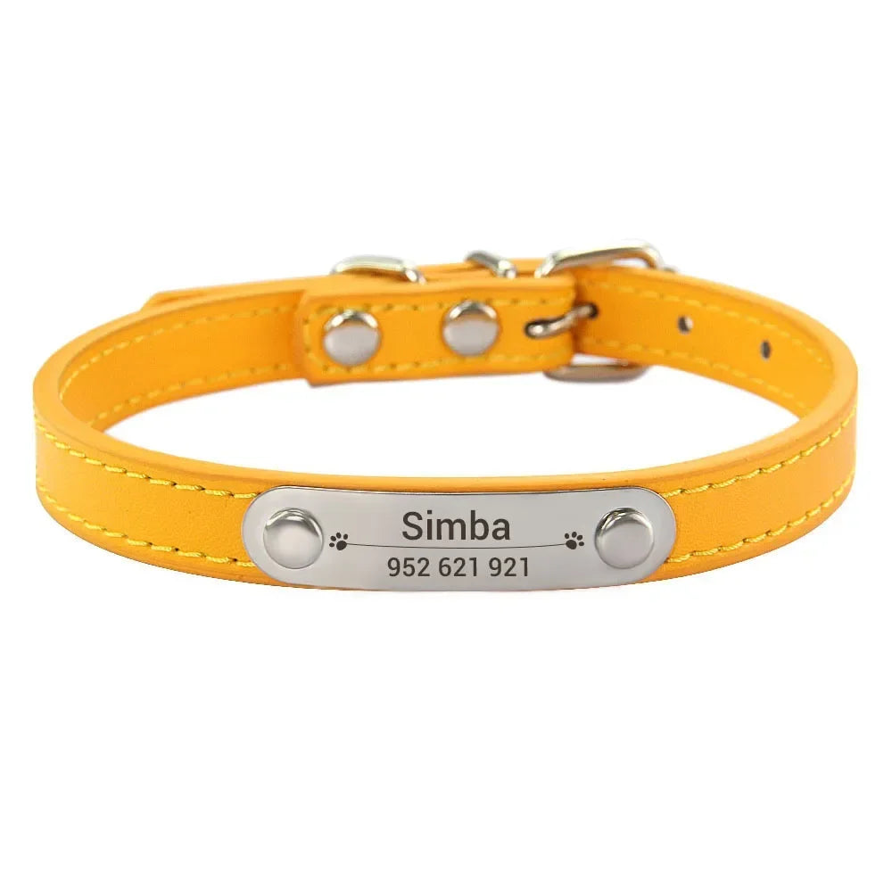 Personalized Dog Collar Name Carved 16 Colors Solid PU Leather Collar For Small Medium Large Dogs Puppy Cat Accessories Red Pink