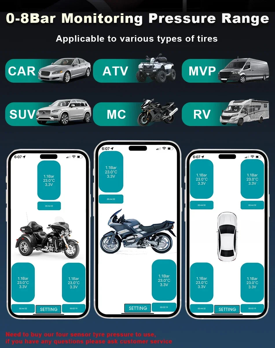 Car TPMS Wireless Bluetooth 5.0 Tire Pressure Monitoring System Mobile Phone Display Tyre Sensors Motorcycle For Android IOS